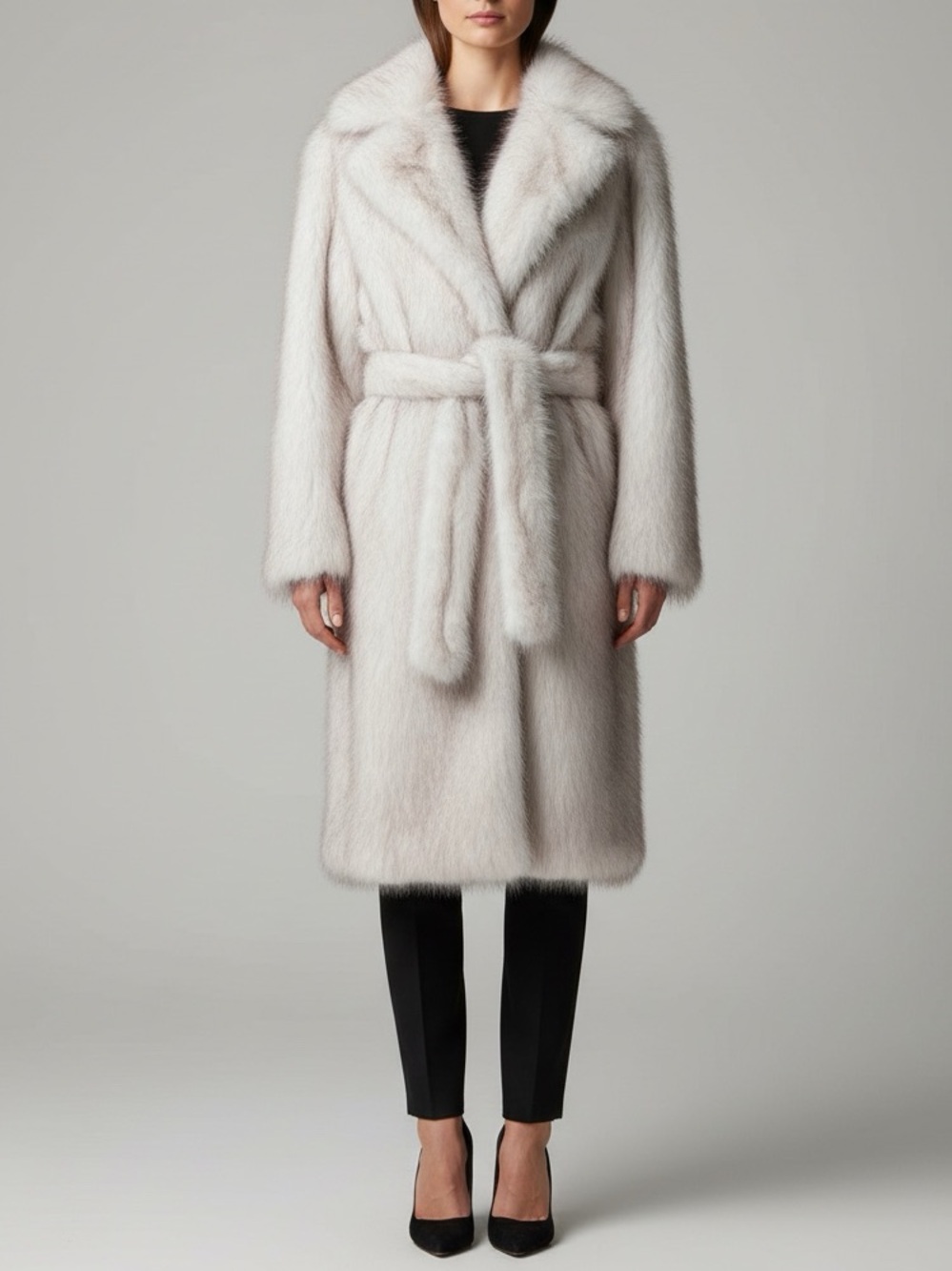 White Faux Fur Belted Coat Long Plush Robe Style Winter Jacket - Picture 1 of 4